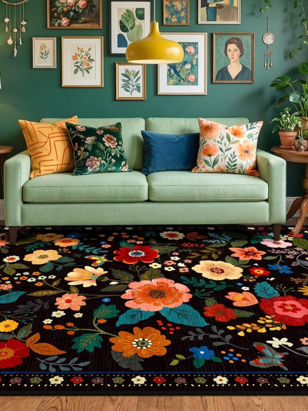 Floral Washable 6x9 Area Rugs Black